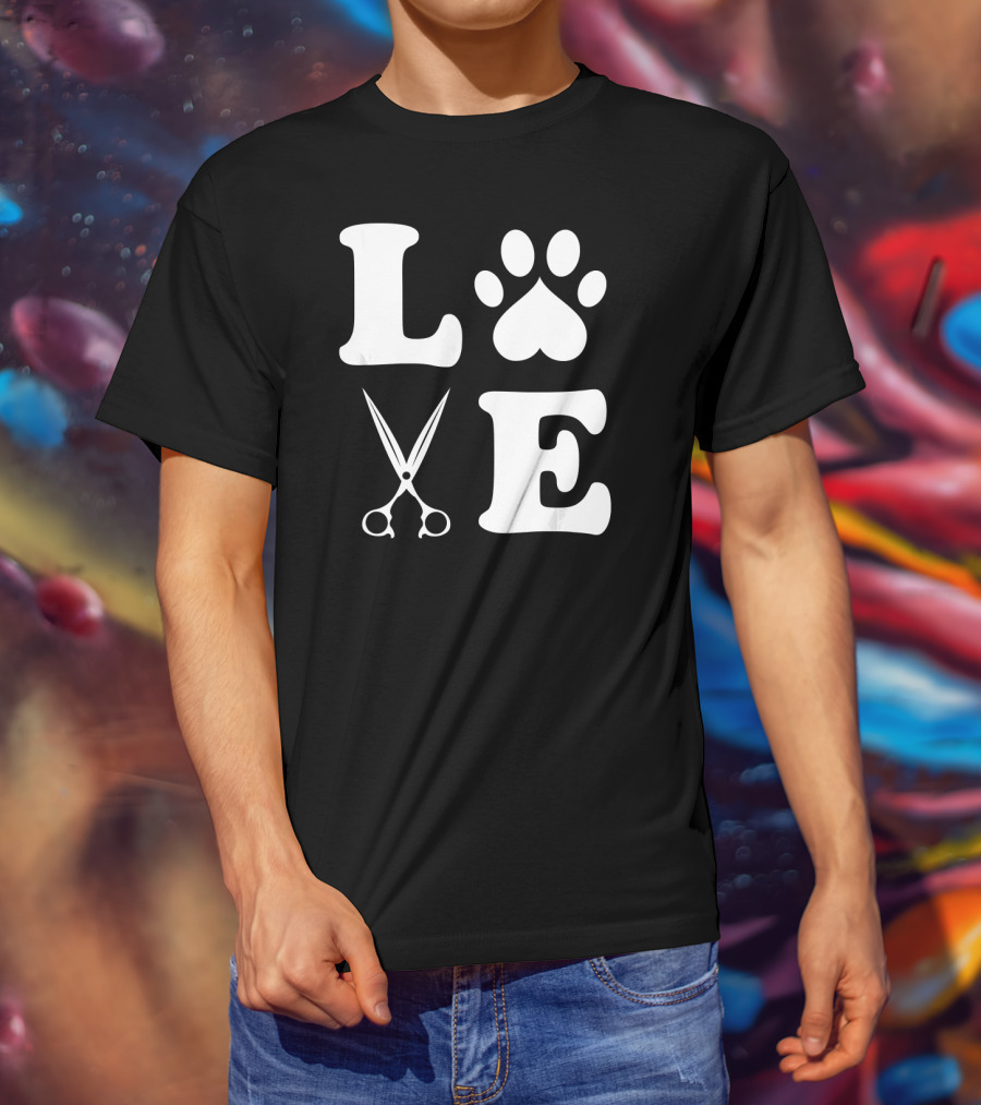 LOVE Dog Grooming With Scissors And Paw Prints T-Shirt