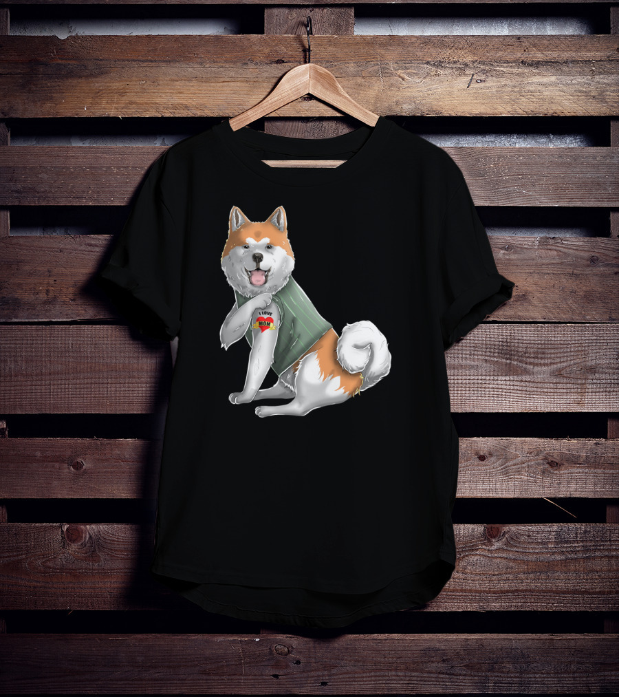 Akita Inu I Love Mom Tattoo Dog With Heart Tattoo Wearing Vest T-Shirt