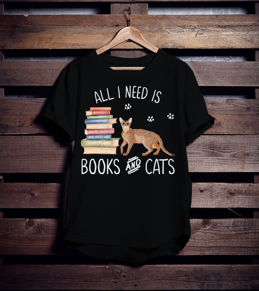 All I Need Is Books And Cats With Stack Of Colorful Books And Cat Paws T-Shirt