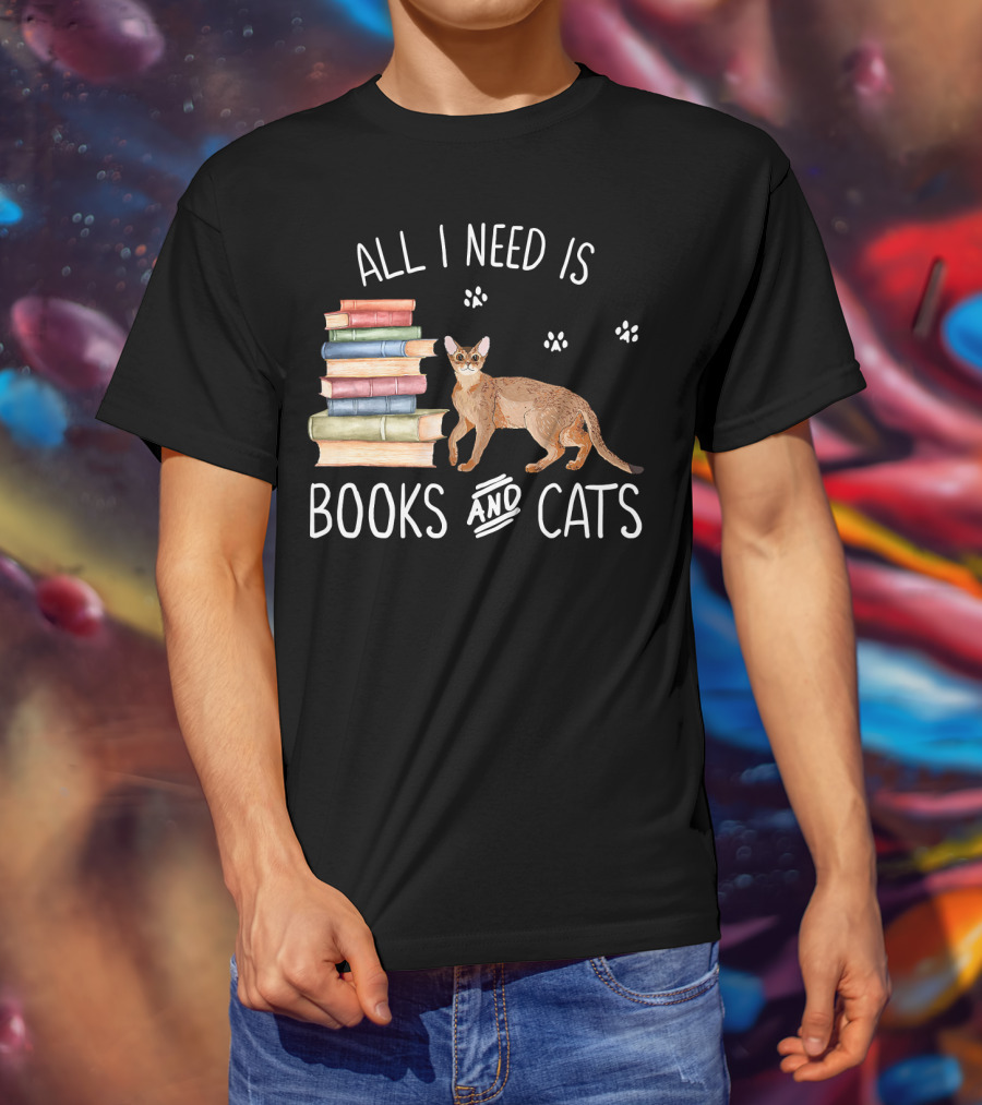 All I Need Is Books And Cats With Stack Of Colorful Books And Cat Paws T-Shirt