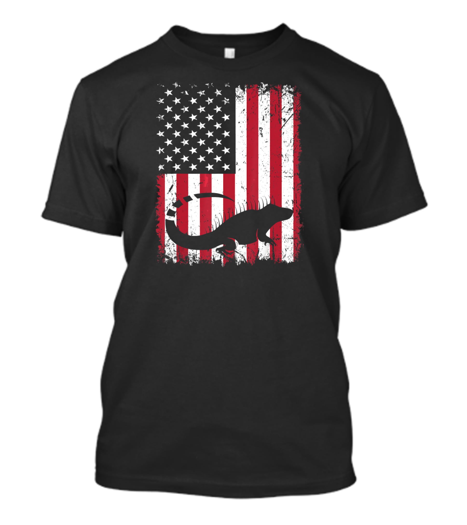 American Flag Iguana Silhouette On Distressed Stars And Stripes Background T-Shirt