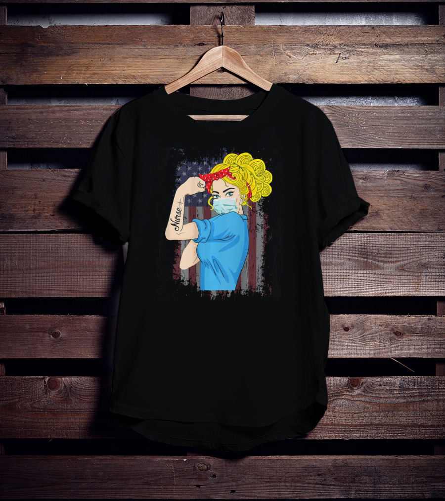 American Flag Nurse Strong Woman Tattoo Rosie Riveter T-Shirt