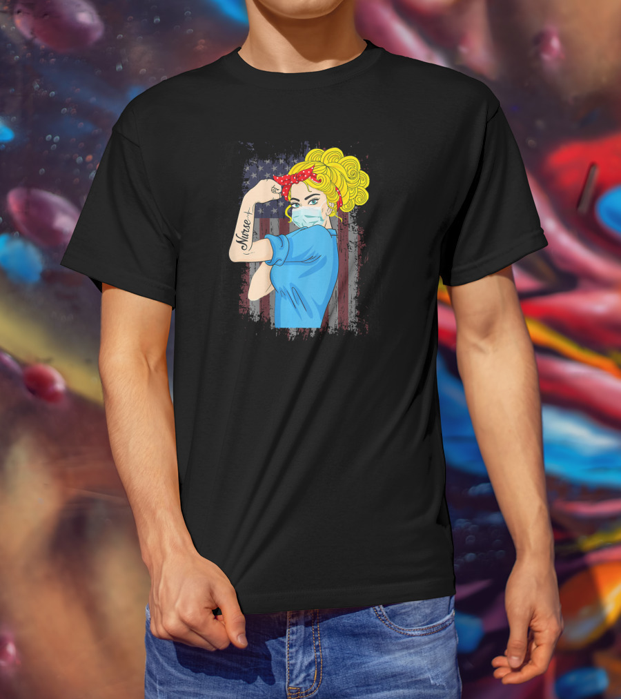 American Flag Nurse Strong Woman Tattoo Rosie Riveter T-Shirt