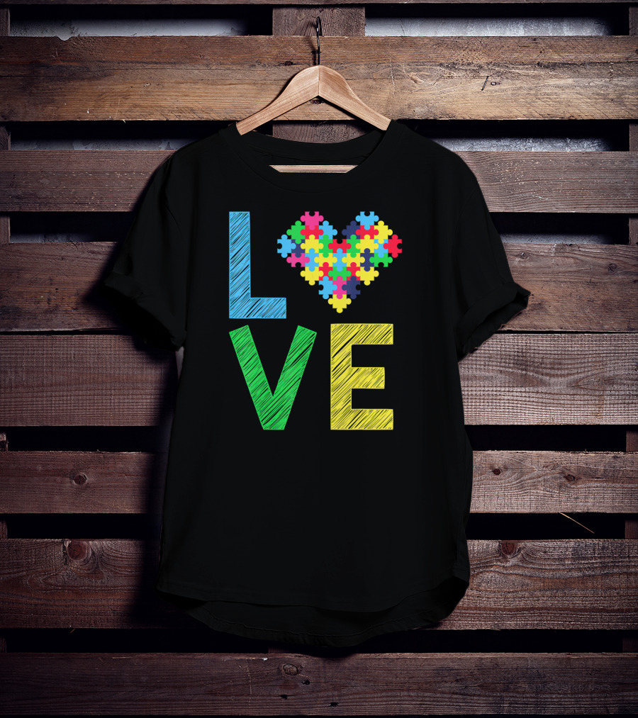 Autism Awareness Love Puzzle Heart Colorful Letters T-Shirt