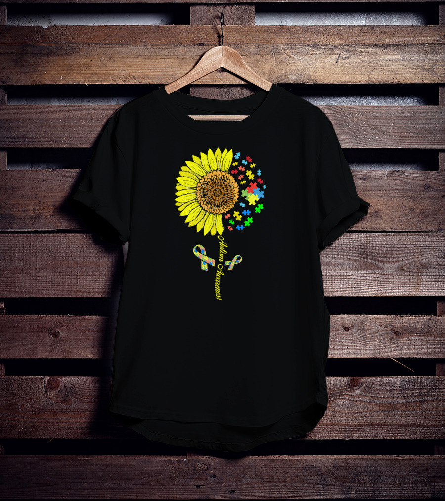 Autism Awareness Puzzle Ribbon Sunflower T-Shirt