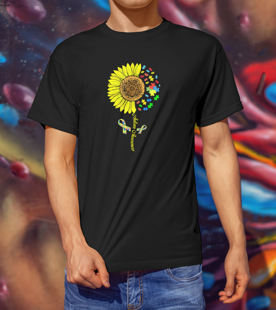 Autism Awareness Puzzle Ribbon Sunflower T-Shirt