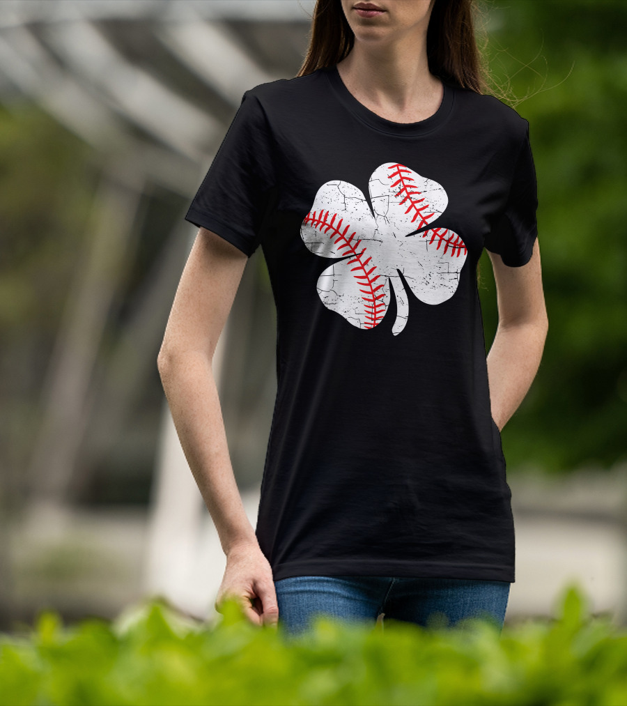 Baseball Patricks Day Boys Me Shamrock Stitch T-Shirt