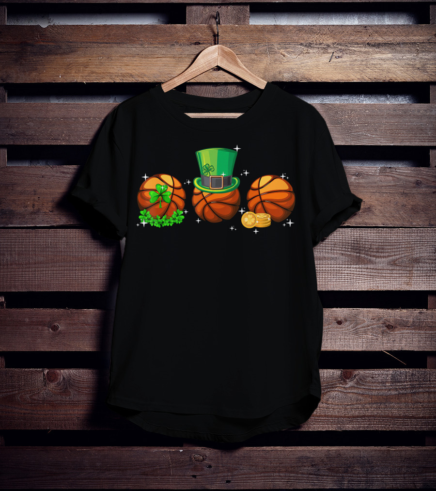 Basketball Trio With Leprechaun Hat Shamrocks And Gold Coins T-Shirt