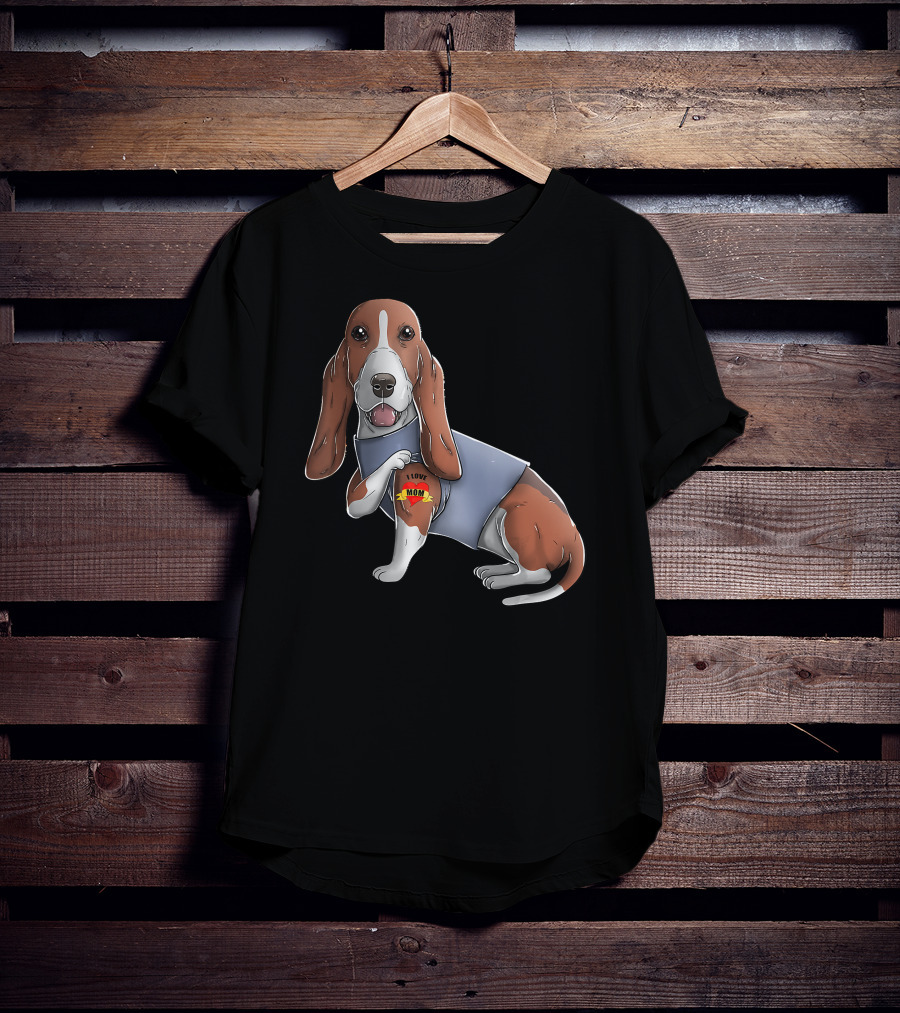 Basset Hound With I Love Mom Heart Tattoo T-Shirt