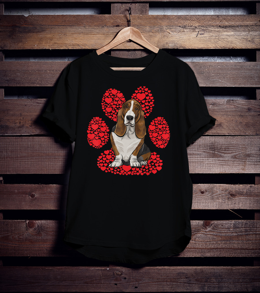 Basset Hound Valentines Day Dog With Heart Paw Background T-Shirt