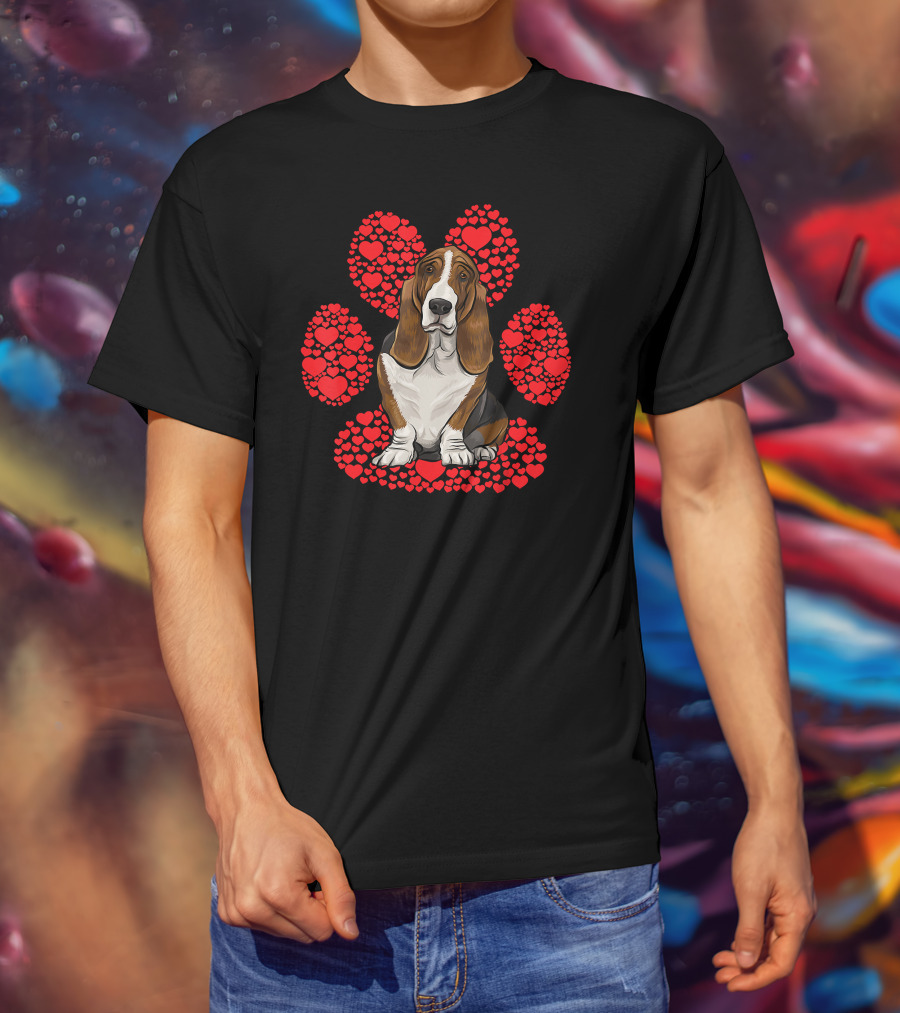 Basset Hound Valentines Day Dog With Heart Paw Background T-Shirt