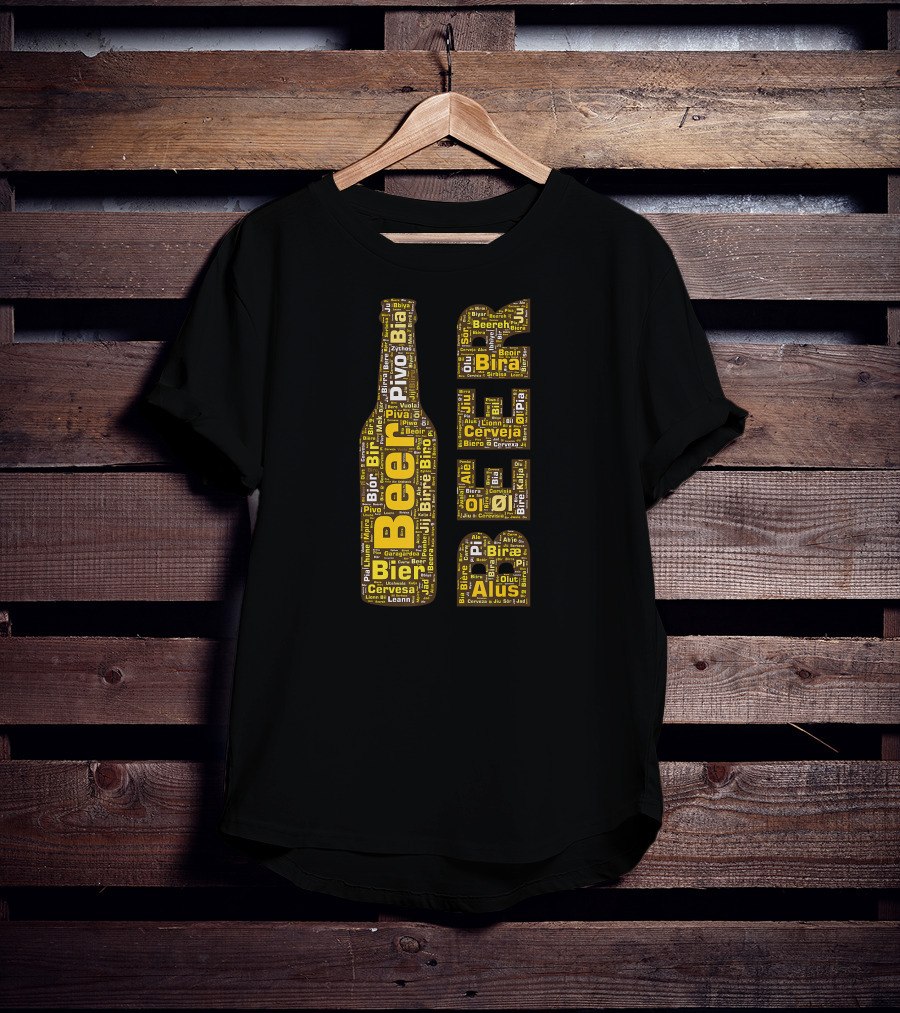 Beer Word Cloud With Bottle And Glasses In Multiple Languages T-Shirt