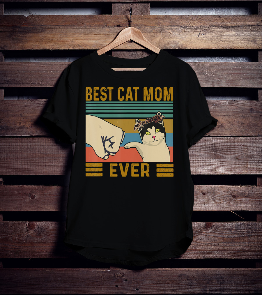 Best Cat Mom Ever Fist Bump Vintage Retro Cat With Headband T-Shirt