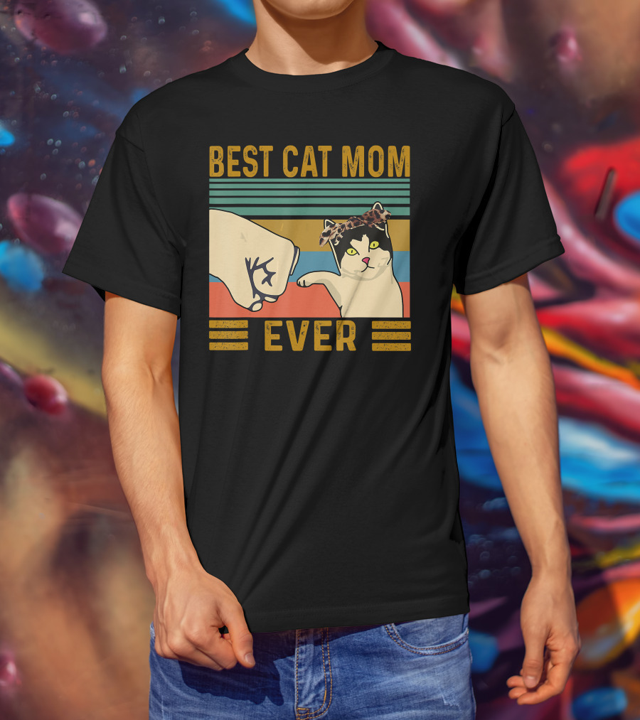 Best Cat Mom Ever Fist Bump Vintage Retro Cat With Headband T-Shirt