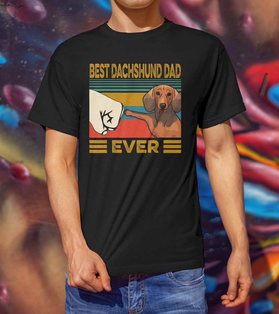 Best Dachshund Dad Ever Fist Bump Retro Stripes T-Shirt