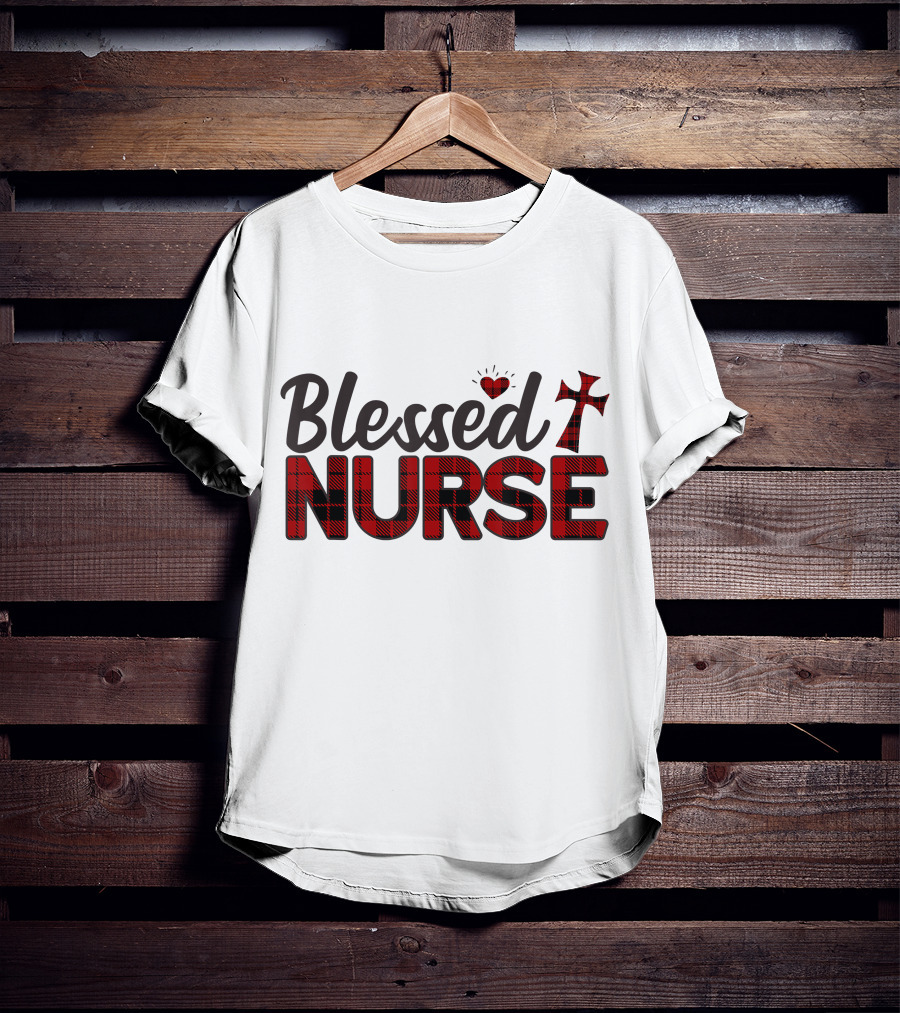 Blessed Nurse Plaid Heart Cross Christian T-Shirt