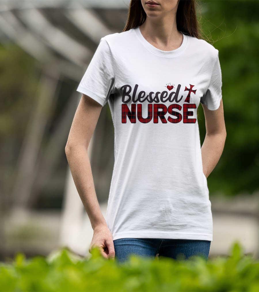 Blessed Nurse Plaid Heart Cross Christian T-Shirt