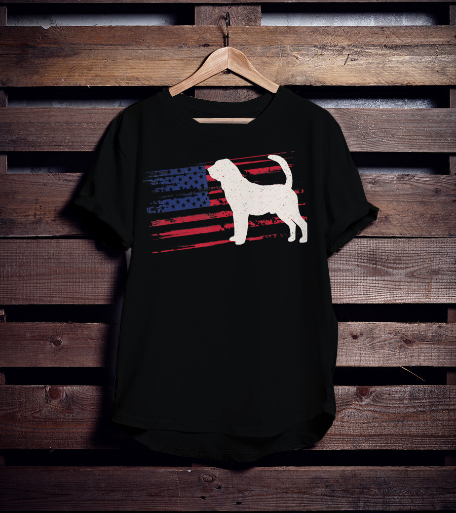 Bloodhound Puppy Silhouette With Distressed American Flag Background T-Shirt