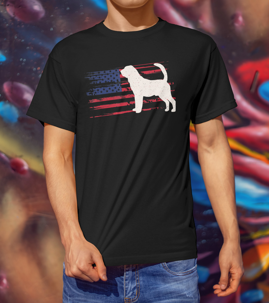 Bloodhound Puppy Silhouette With Distressed American Flag Background T-Shirt