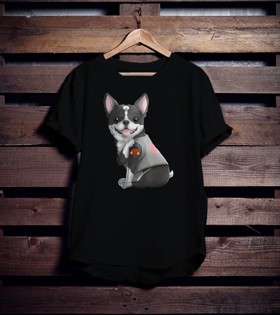 Boston Terrier I Love Mom Tattoo Dog With Heart And Banner T-Shirt
