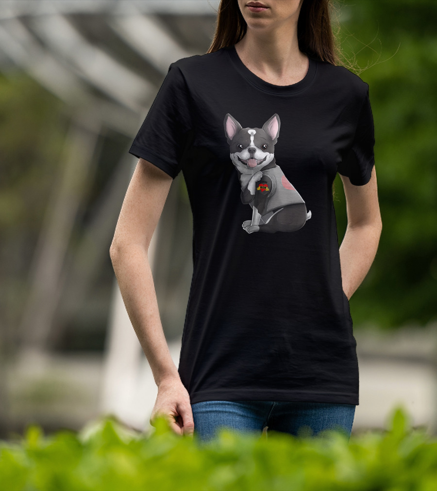 Boston Terrier I Love Mom Tattoo Dog With Heart And Banner T-Shirt