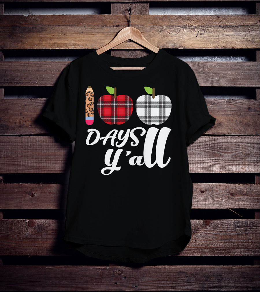 Buffalo Plaid Leopard Pencil 100 Days Y'all Apples T-Shirt