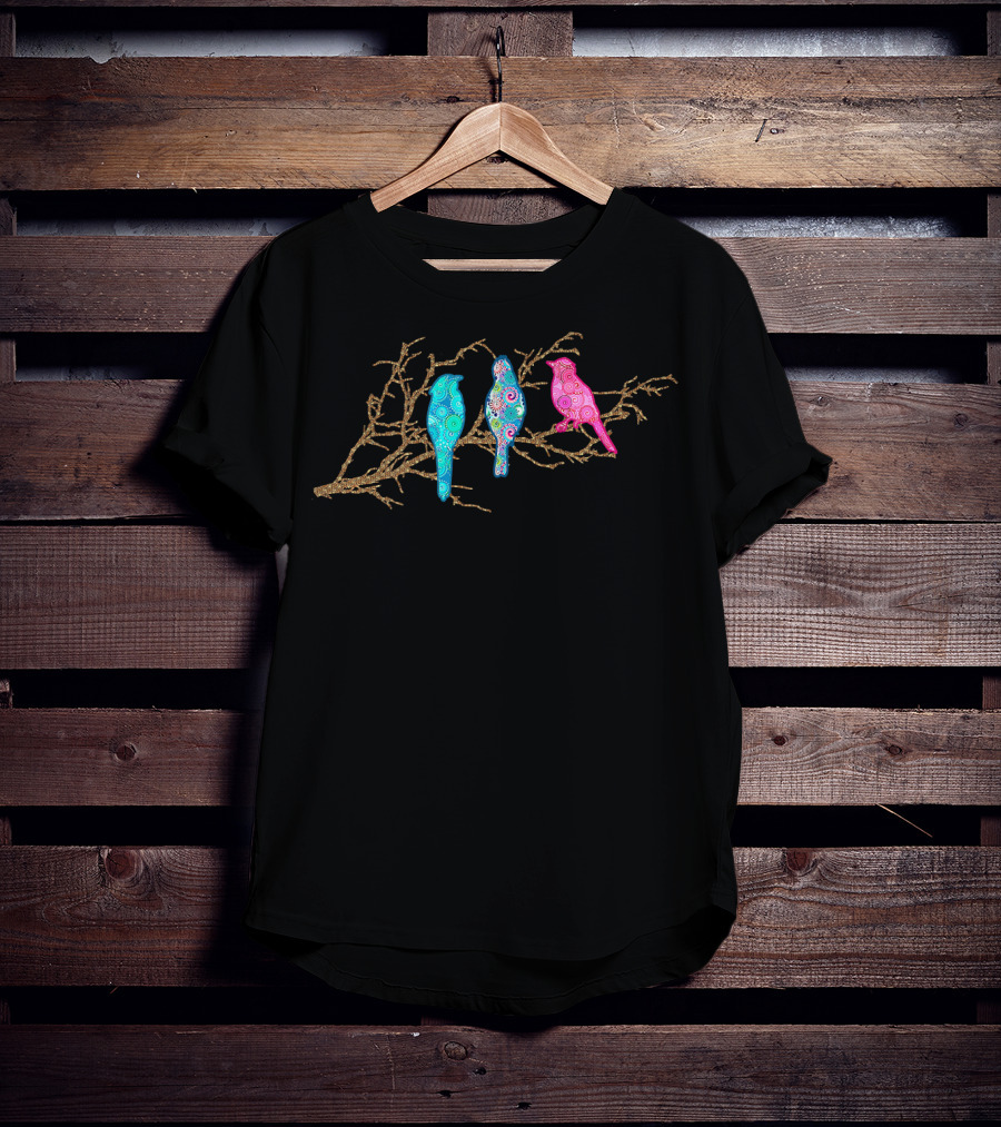 Three Colorful Paisley Applique Birds On Branch T-Shirt