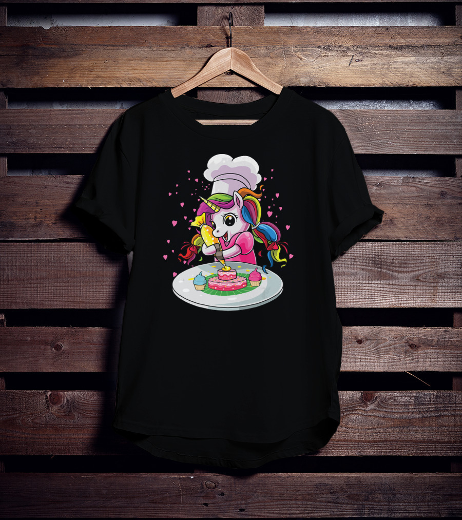 Unicorn Chef Decorating Colorful Cupcakes And Cake T-Shirt