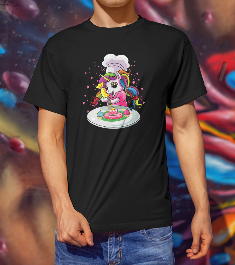 Unicorn Chef Decorating Colorful Cupcakes And Cake T-Shirt