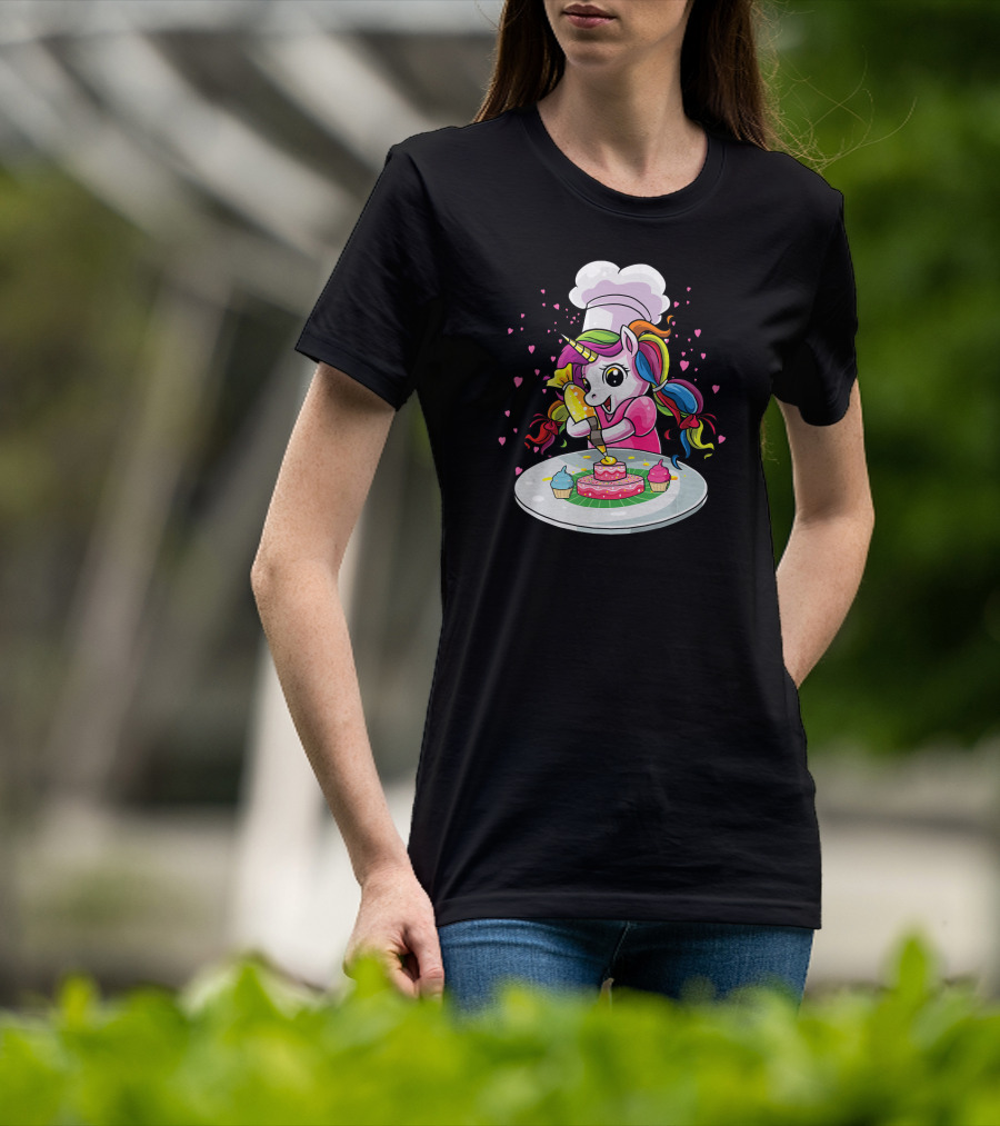Unicorn Chef Decorating Colorful Cupcakes And Cake T-Shirt