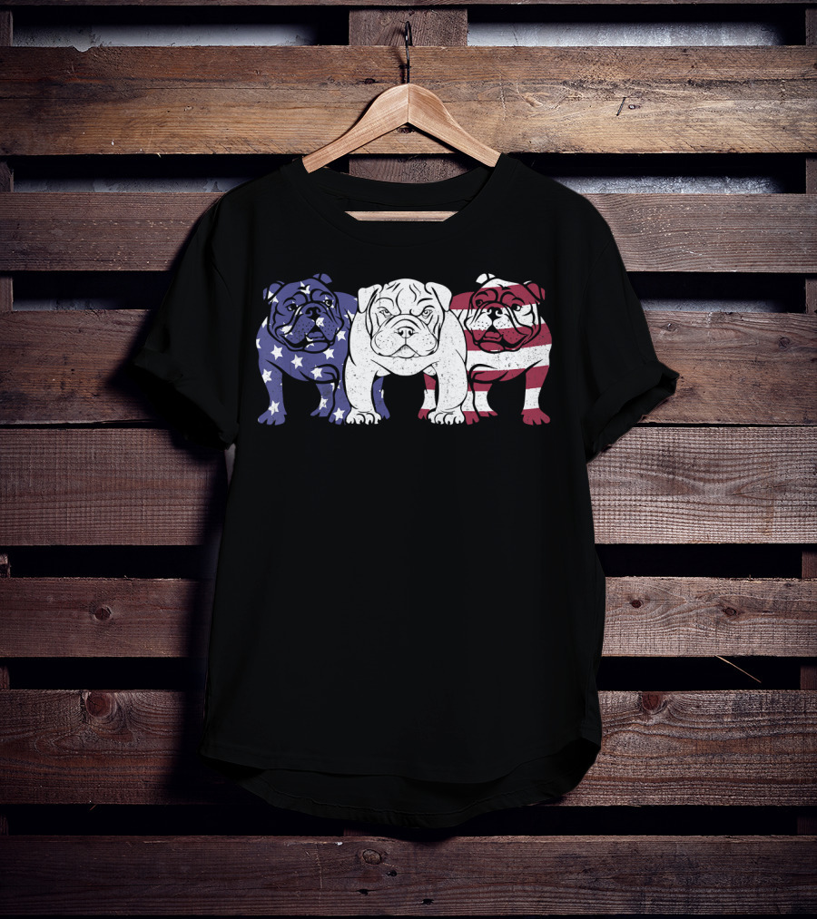 Unique Bulldog Trio American Flag T-Shirt