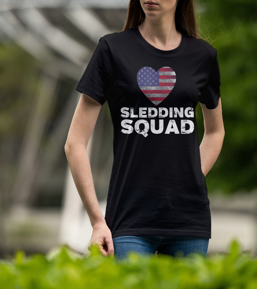 USA Flag Heart Sledding Squad Team T-Shirt