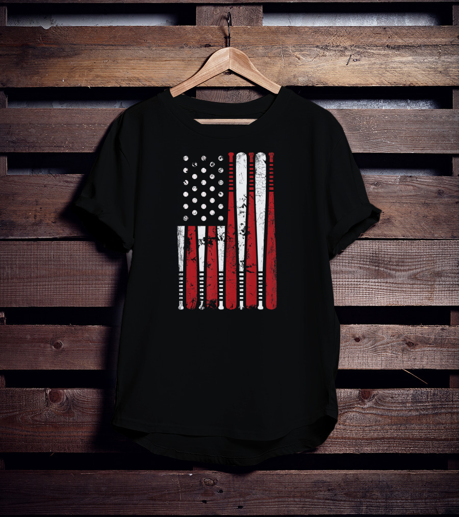 Vintage Baseball Bat Stars And Stripes USA Flag T-Shirt