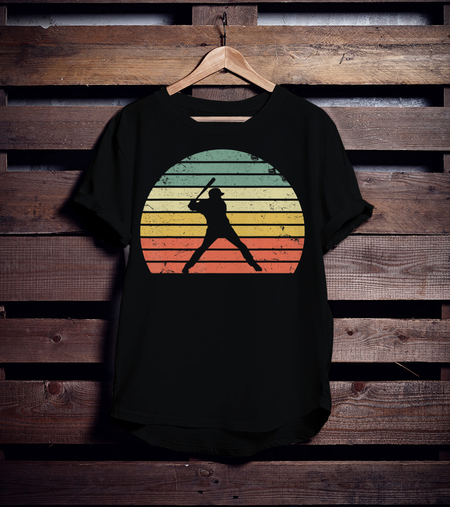 Vintage Baseball Batter Silhouette Retro Sunset Stripes T-Shirt