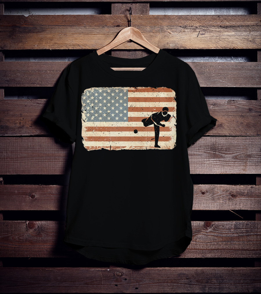 Vintage Baseball Pitcher Silhouette With American Flag Background T-Shirt