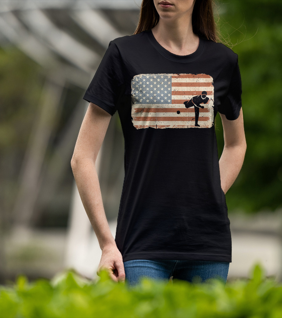 Vintage Baseball Pitcher Silhouette With American Flag Background T-Shirt