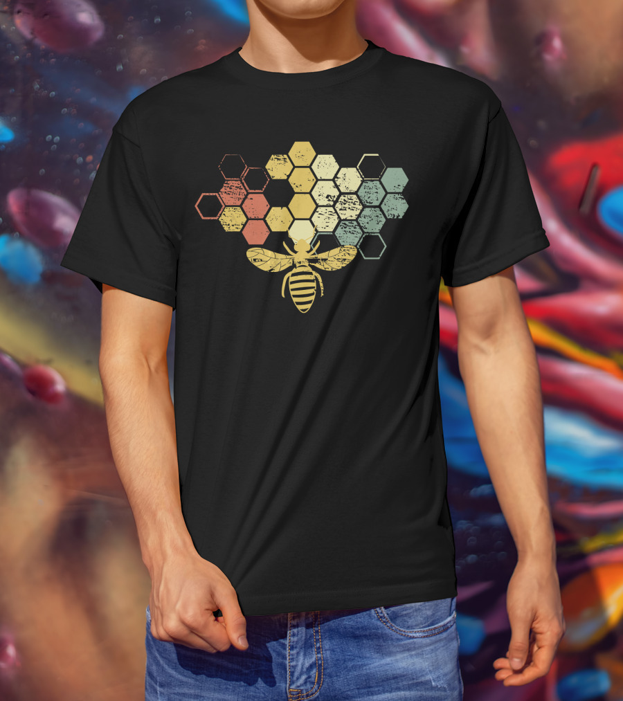 Vintage Beekeeper Honey Bee Retro Hexagonal Honeycomb T-Shirt