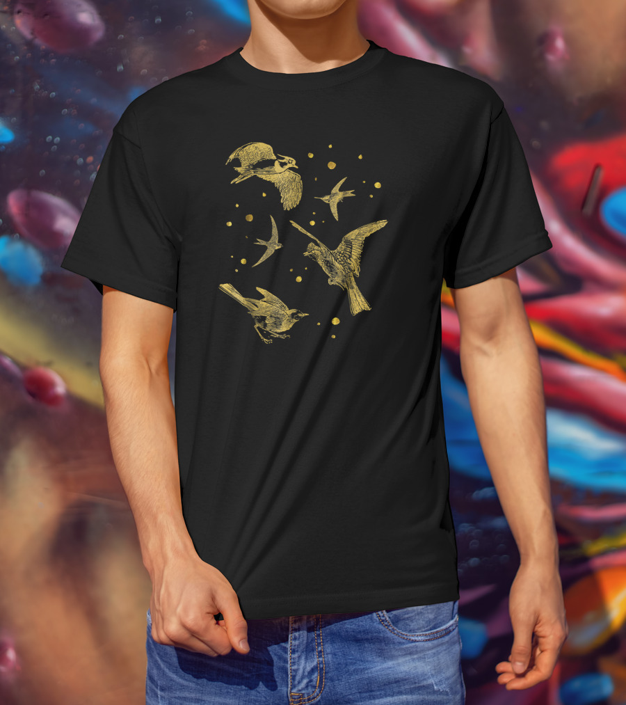 Vintage Flying Birds Humming Sparrow Gold T-Shirt