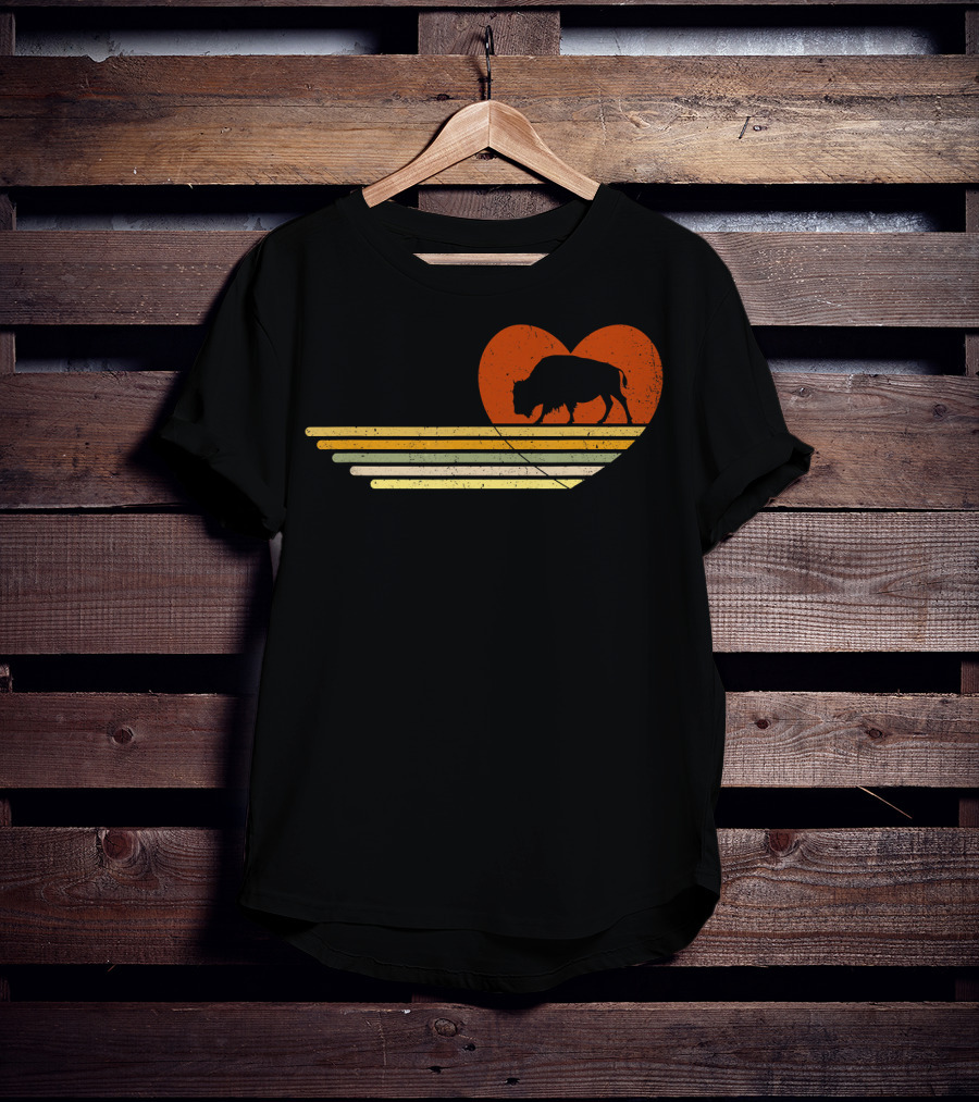 Vintage Bison Heart Retro Sunset Stripes T-Shirt
