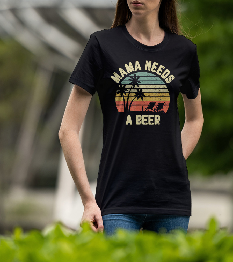 Vintage Mama Needs A Beer Palm Trees Sunset Beach Retro T-Shirt