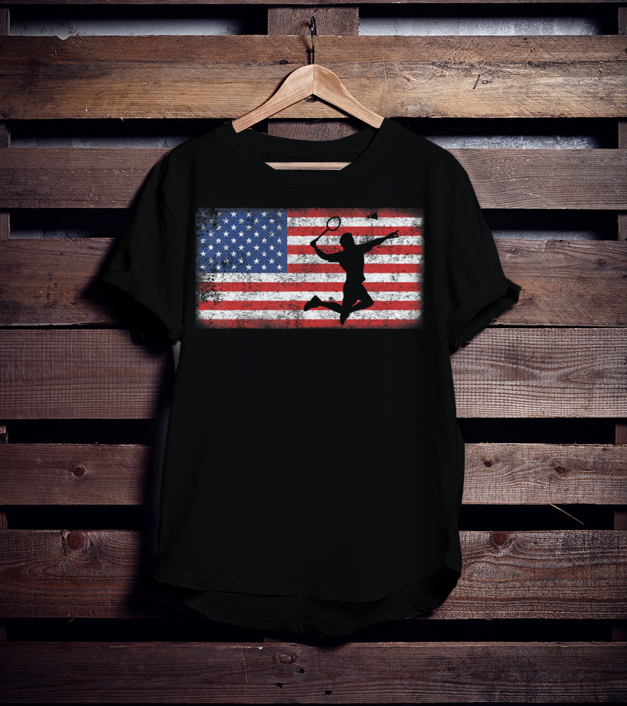 Vintage American Flag Badminton Player Silhouette Jumping Over T-Shirt