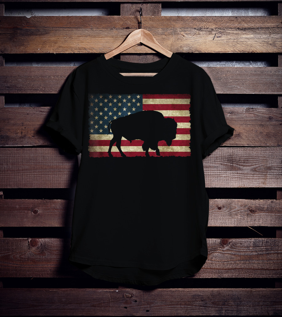 Vintage Buffalo Silhouette Over American Flag USA T-Shirt