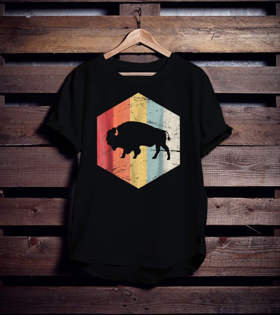 Vintage Buffalo Silhouette Retro Stripes Hexagon T-Shirt
