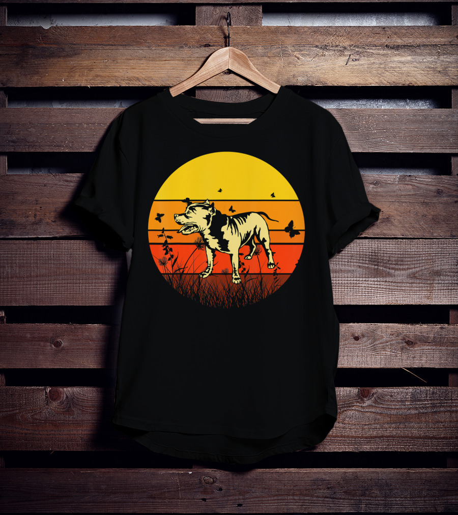 Vintage Pitbull Sun Animal With Butterflies And Birds T-Shirt