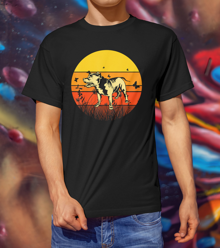 Vintage Pitbull Sun Animal With Butterflies And Birds T-Shirt