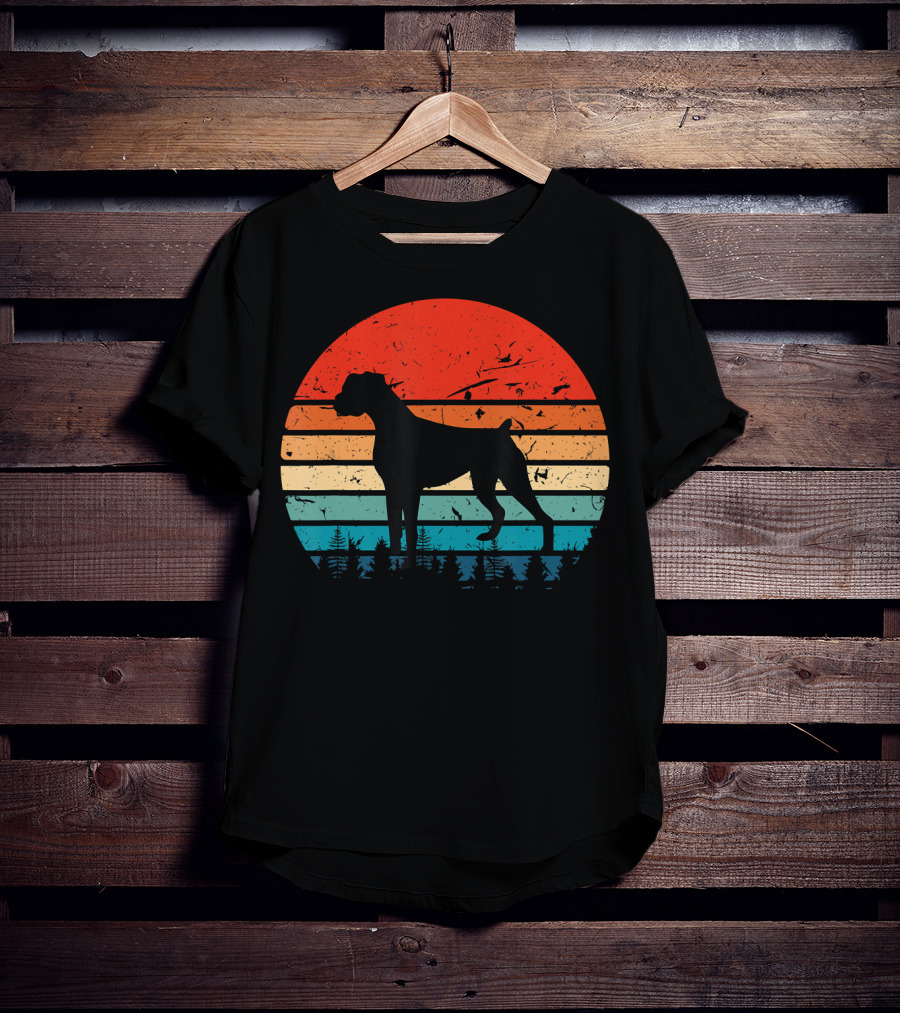 Vintage Boxer Dog Silhouette Retro Sunset Stripes Forest Scene T-Shirt