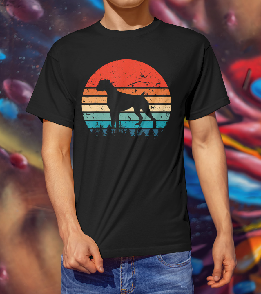 Vintage Boxer Dog Silhouette Retro Sunset Stripes Forest Scene T-Shirt