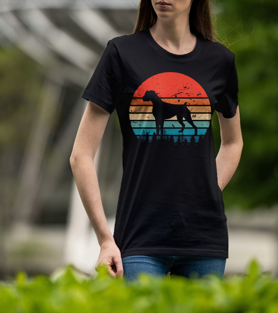 Vintage Boxer Dog Silhouette Retro Sunset Stripes Forest Scene T-Shirt