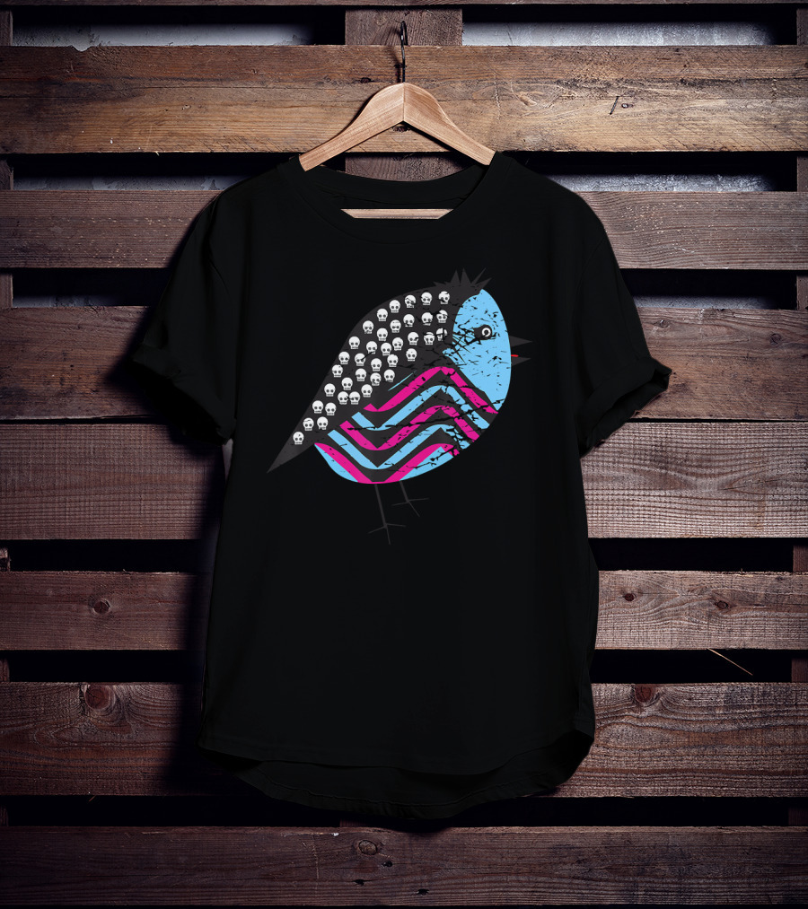 Weird Monster Tiny Bird With Skulls And Colorful Stripes T-Shirt