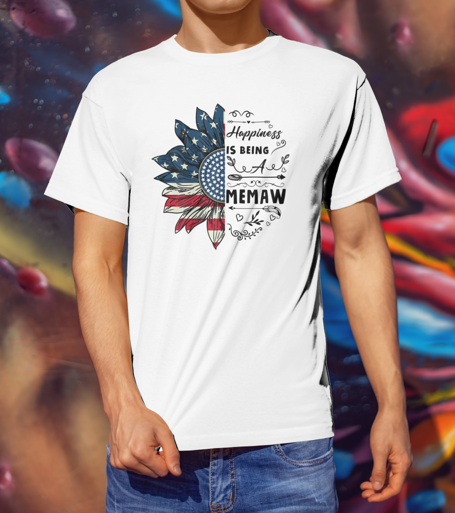 Happiness Is Being A Memaw Sunflower American Flag T-Shirt